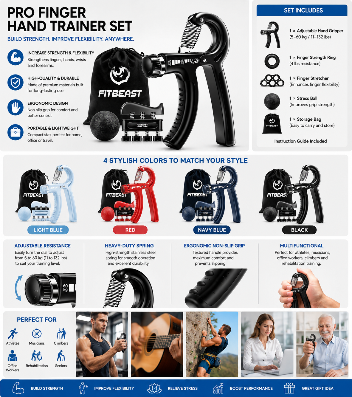 FitBeast Hand & Finger Grip Trainer Set – Adjustable 5–60kg Grip Strength Trainer with Finger Exerciser & Stress Ball