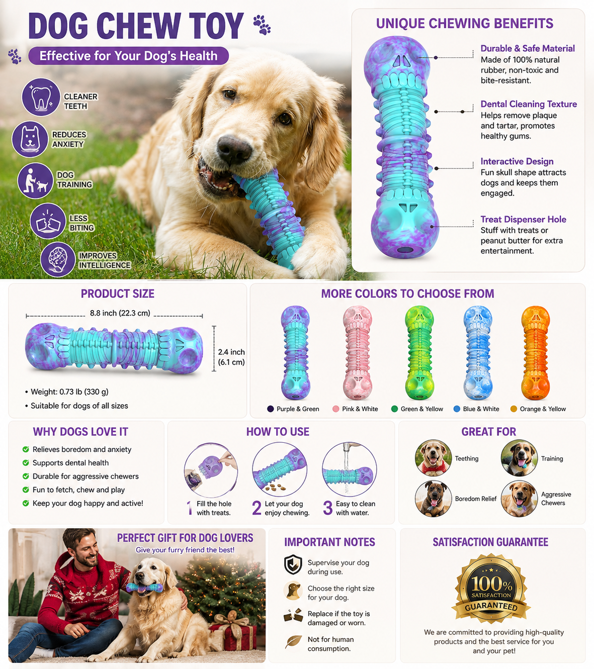 HETOO Indestructible Dog Chew Toy – Natural Rubber Chew Toy for Medium & Large Dogs | Durable Dog Toy for Aggressive Chewers