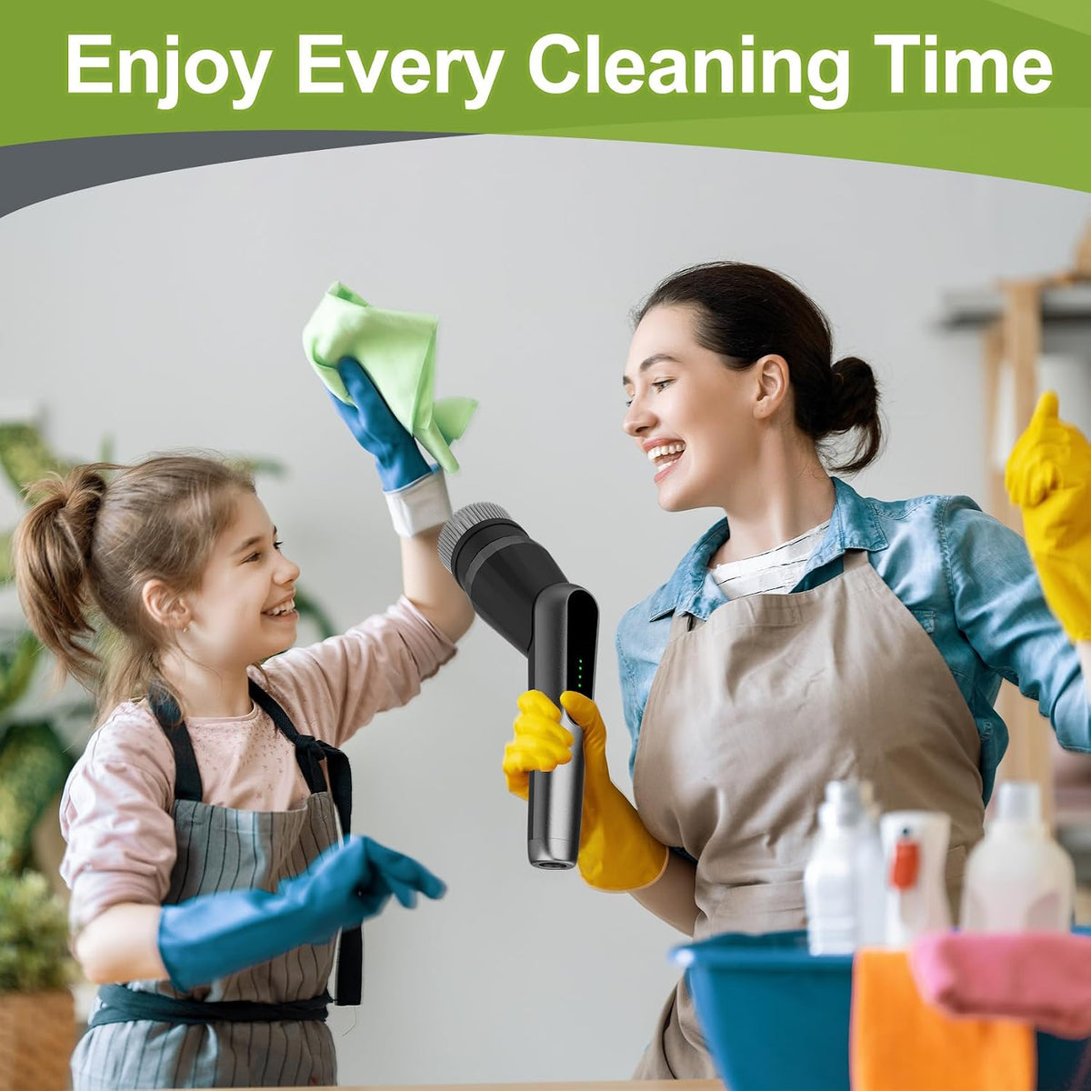 Elektrische Reinigungsbürste, Electric Cleaning Brush Mit 7 Wechselbürsten | IPX7 Wasserdicht, 2 Geschwindigkeitsstufen Und Verstellbarer Griff, Für Badezimmer, Küche (Grau/Schwarz)