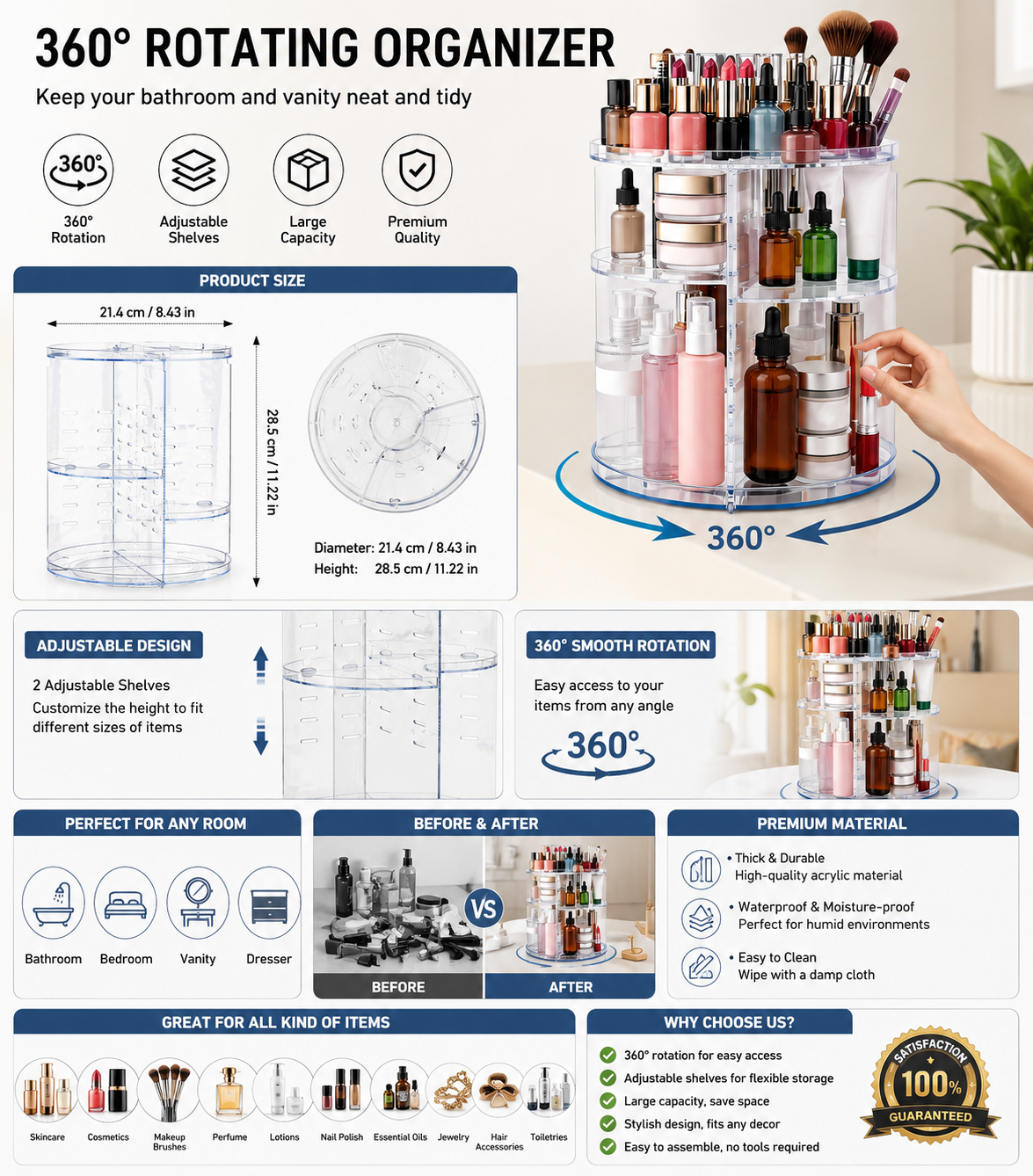 360° Rotating Makeup Organizer – 6-Tier Adjustable Clear Cosmetic Storage for Vanity, Bathroom & Bedroom
