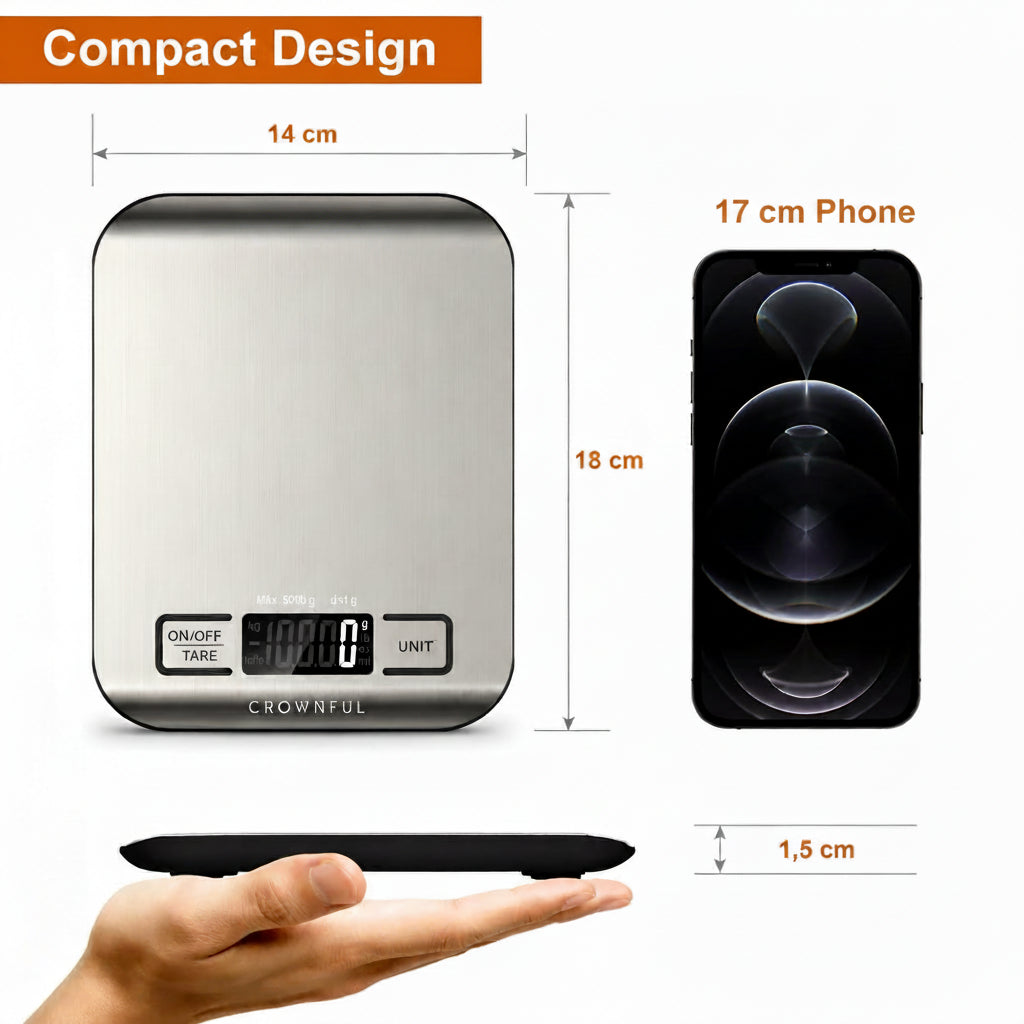 CROWNFUL Küchenwaage Digital, 5KG Kitchen Scale Mit Lcd-Display, Edelstahl Digitalwaage, Hohe Präzision Auf Bis Zu 1G, 5 Einheiten Mit Tara-Funktion