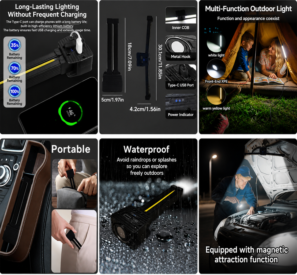 Portable Magnetic LED Work Light – USB Rechargeable, 7-Level Dimming, 180° Folding with Hanging Hook