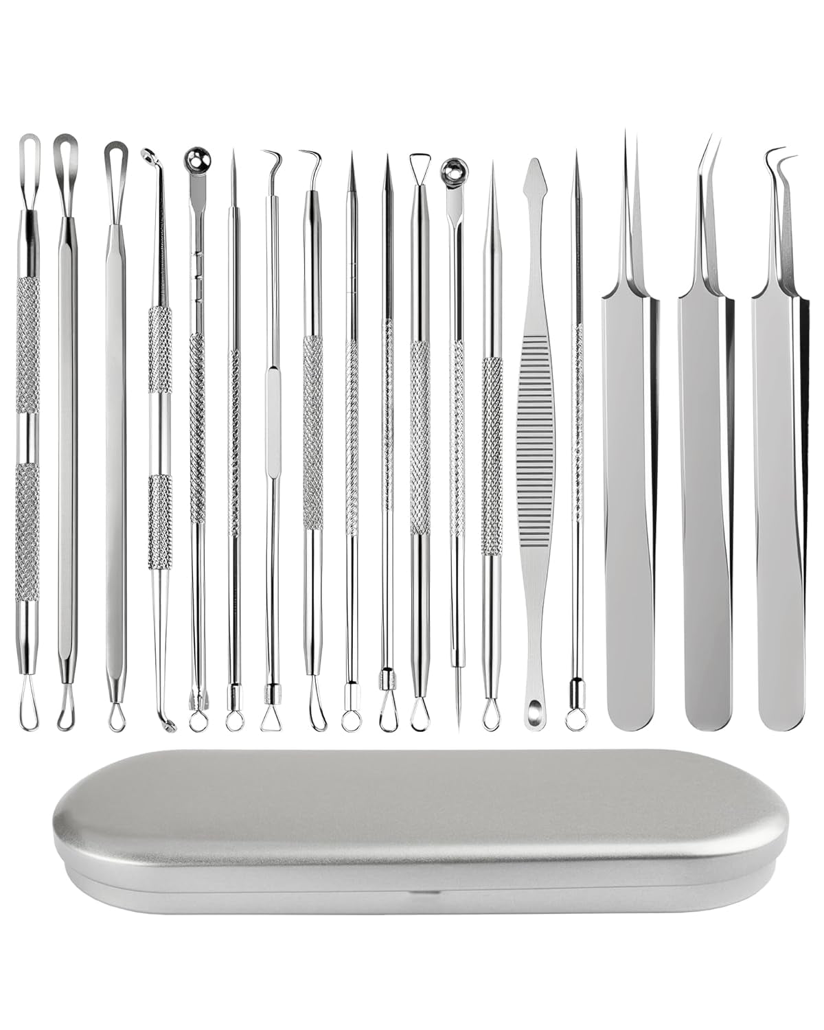 Komedonenquetscher & Mitesserentferner– Blackhead Remover Kit | Rostfreier Edelstahl Pinzette Für Akne, Inklusive Tragbarer Aufbewahrung (18-Teiliges)