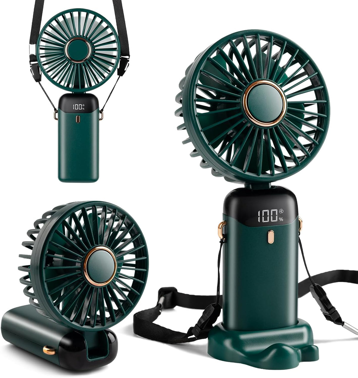 Mini-Handventilator, Typ-C Wiederaufladbar, Ventilator Mit Digitalanzeige, 90° Faltbar, 5-Speed Wind, Handheld/Hals/Schreibtisch 3 in 1 Persönlicher Kleiner Ventilator (Tiefgrün)