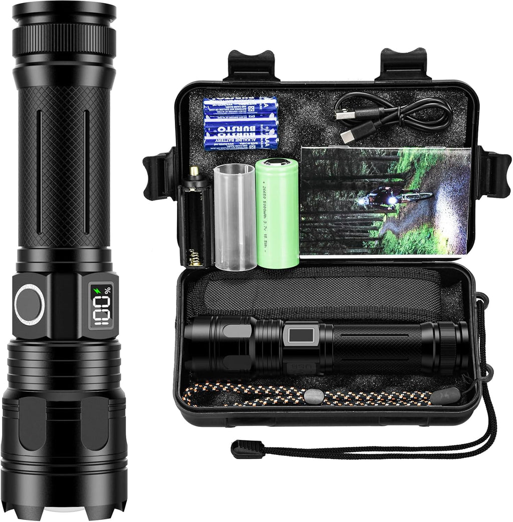 Taschenlampe LED, 500000 Lumen Taschenlampe Batteriebetrieben USB Aufladbar, XHM 70.2 LED Flashlight Extrem Hell, IP67 Wasserdicht 5 Lichtmodi AK-01 Taschenlampen (Schwarz)