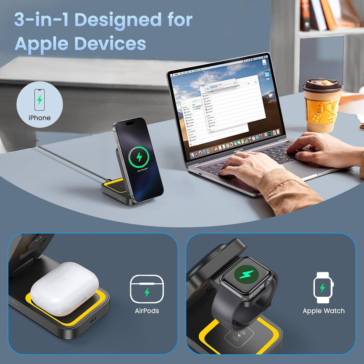 Ladestation Iphone 3 in 1, Ladestation Apple Watch Und Iphone, Induktive Ladegerät Für Iphone17 16 15 14 13 12 11 Pro Max SE X XS XR 8 Serie & Apple Watch & Air Pods Pro Kabelloses Wireless Charger