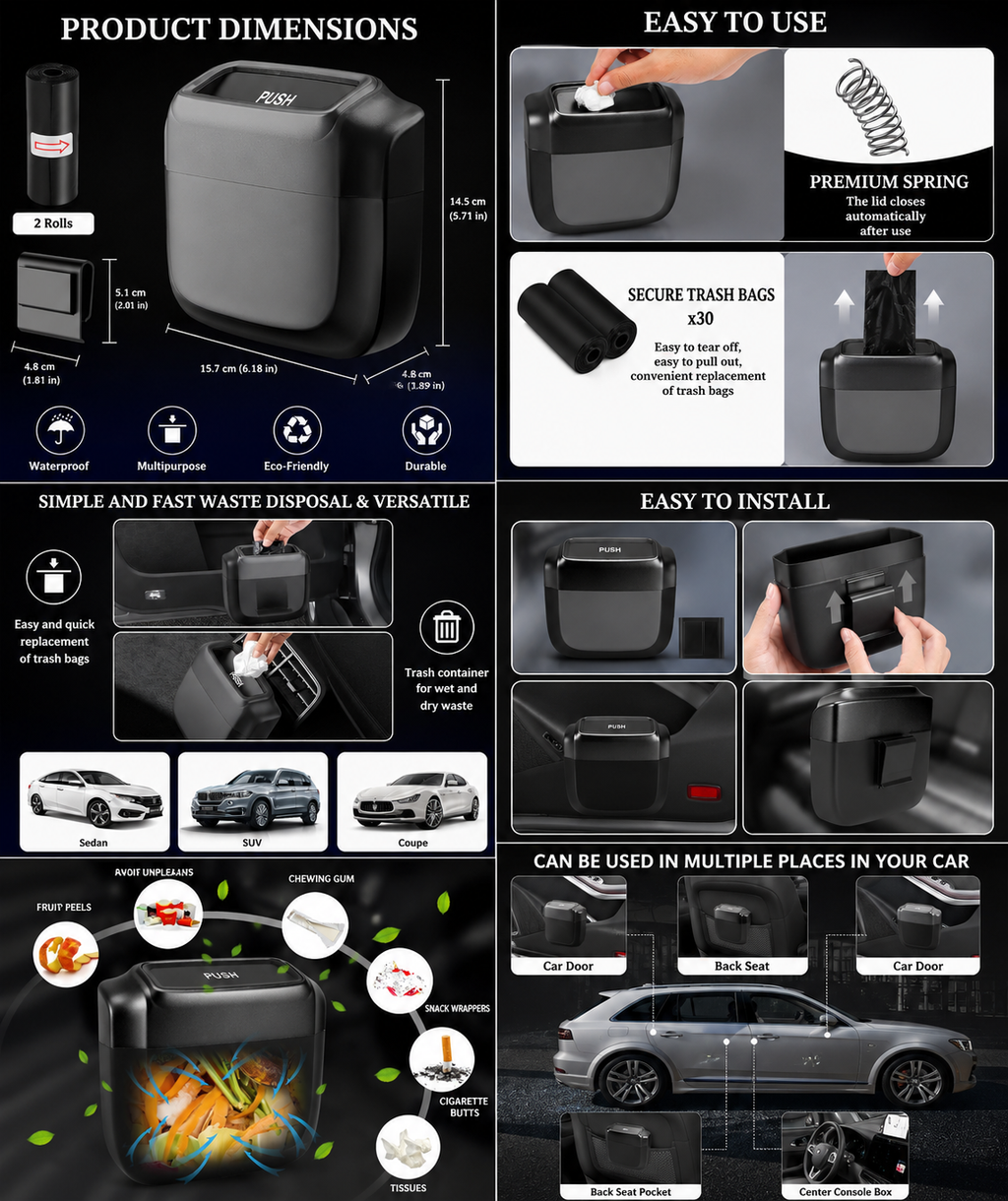Mini Car Bin with Lid & Bin Bags – Waterproof 700ml Hanging Trash Can for Car Door & Console