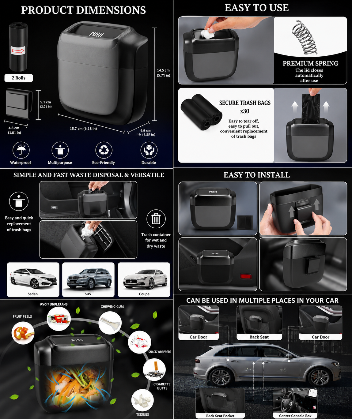Mini Car Bin with Lid & Bin Bags – Waterproof 700ml Hanging Trash Can for Car Door & Console