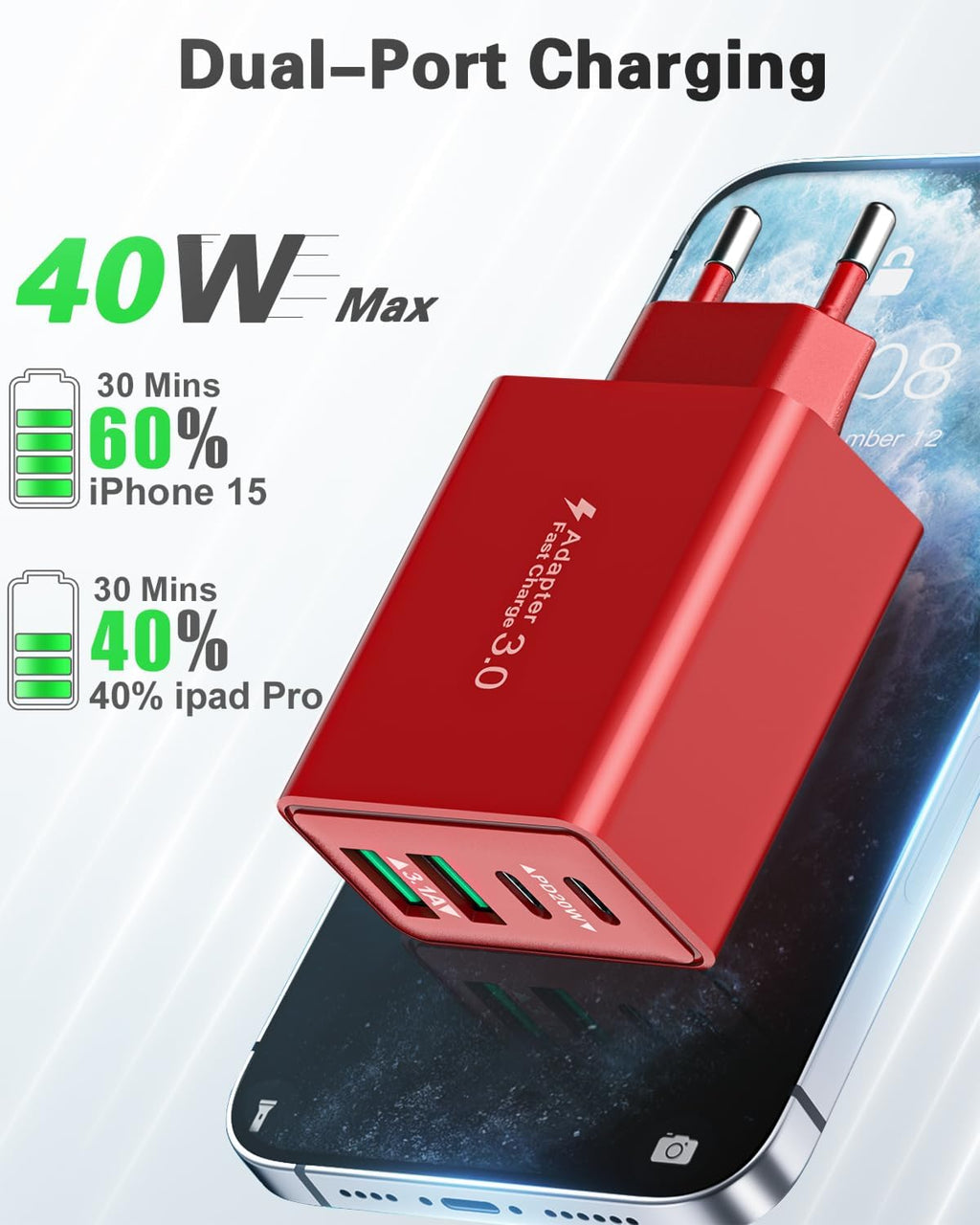 USB C Ladegerät, 40W 4-Ports USBC Stecker Mehrfach Schnellladegerät USB Ladestecker Mit PD Adapter+Qc Ladegerät Für Iphone 17 16 15 14 13 Pro Max plus 12 11, Ipad, Samsung, Handys Fast Charger