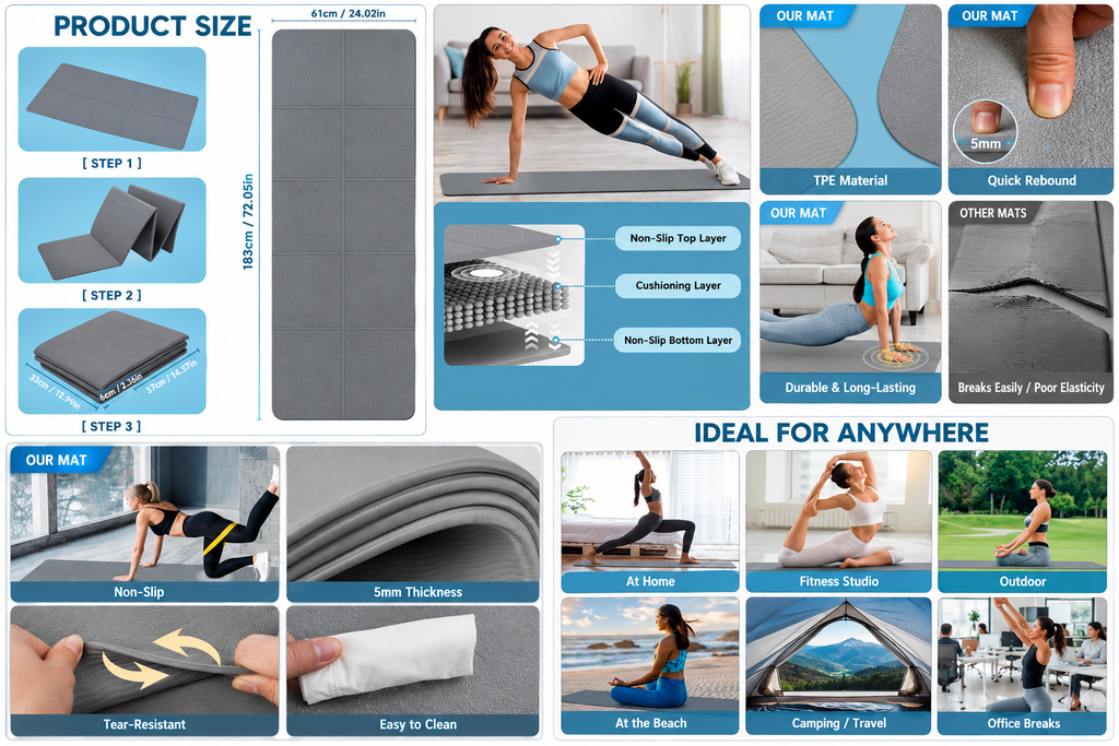 Foldable Yoga Mat – TPE Exercise & Pilates Mat 183x61cm, 5mm | Non-Slip, Portable for Home, Gym & Travel