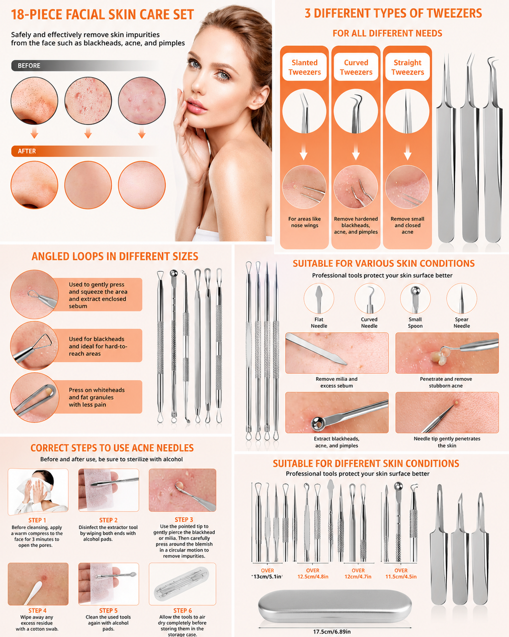 Blackhead & Pimple Remover Kit – Stainless Steel Comedone Extractor Tool Set with Case (8 or 18 Piece)