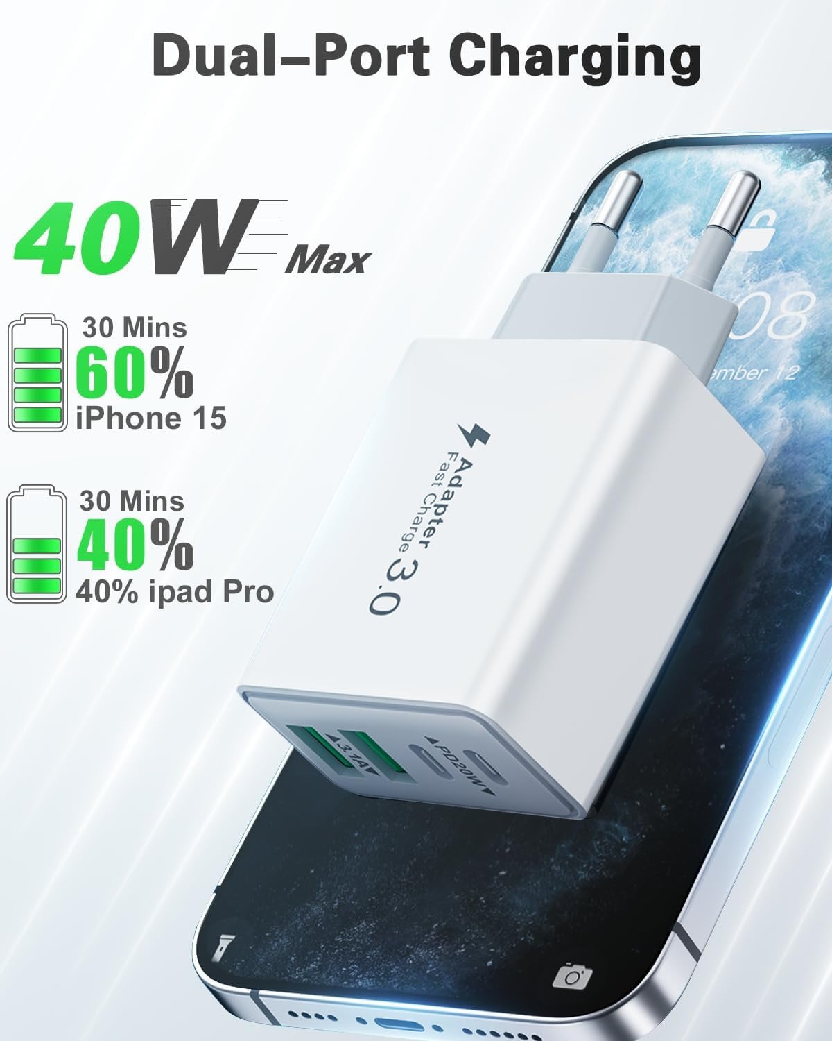 USB C Ladegerät, 40W 4 Ports Schnellladegerät, Mehrfach Stecker Mit Power Adapter Fast Charger Netzteil Für Iphone 17 16 15 14 13 12 11 Pro Max, Ipad, Samsung, Handys
