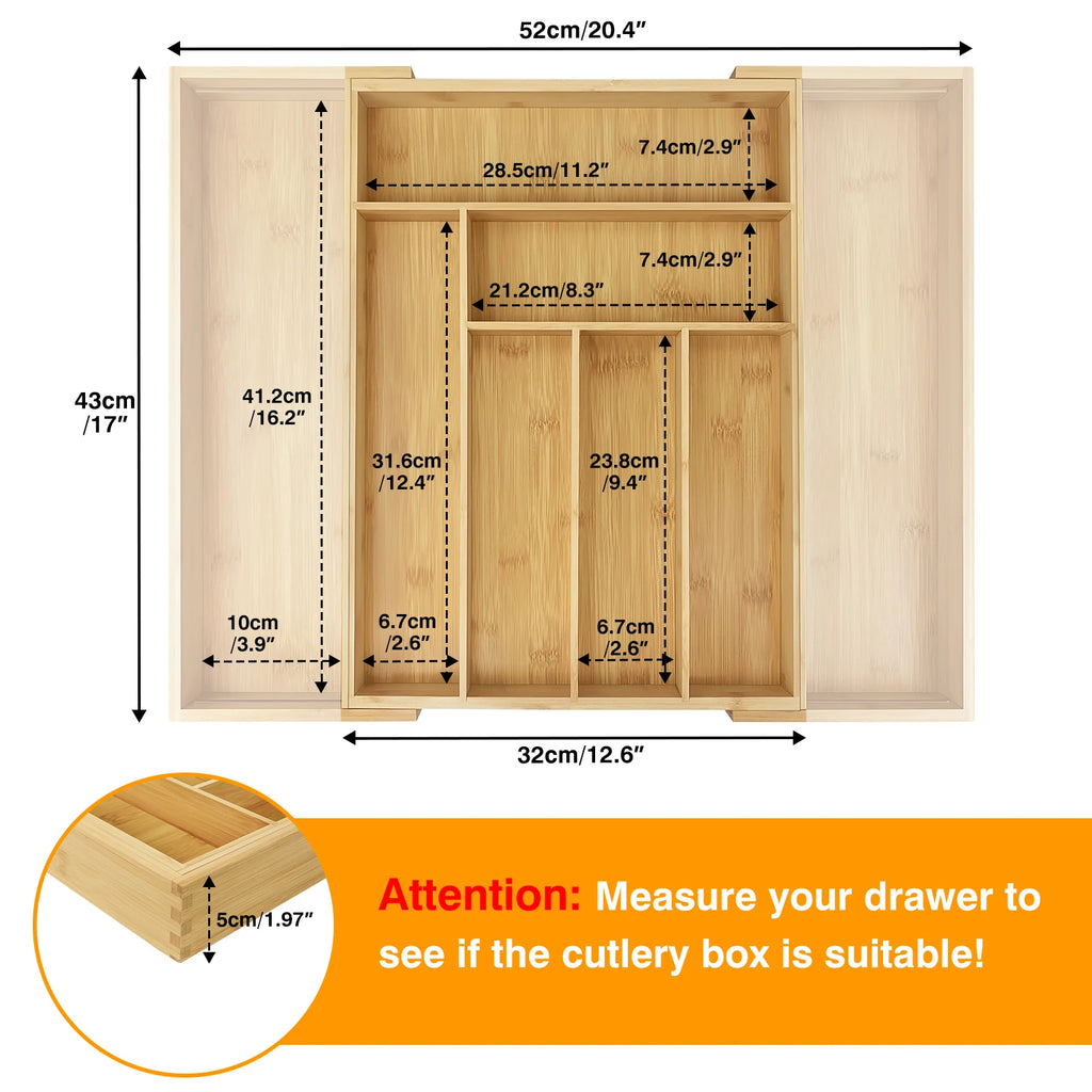 BRIEFNESS Expandable Bamboo Drawer Organizer 8-Slot Adjustable, Kitchen Utensil Tray, Knife Fork Divider, Eco Cutlery Storage