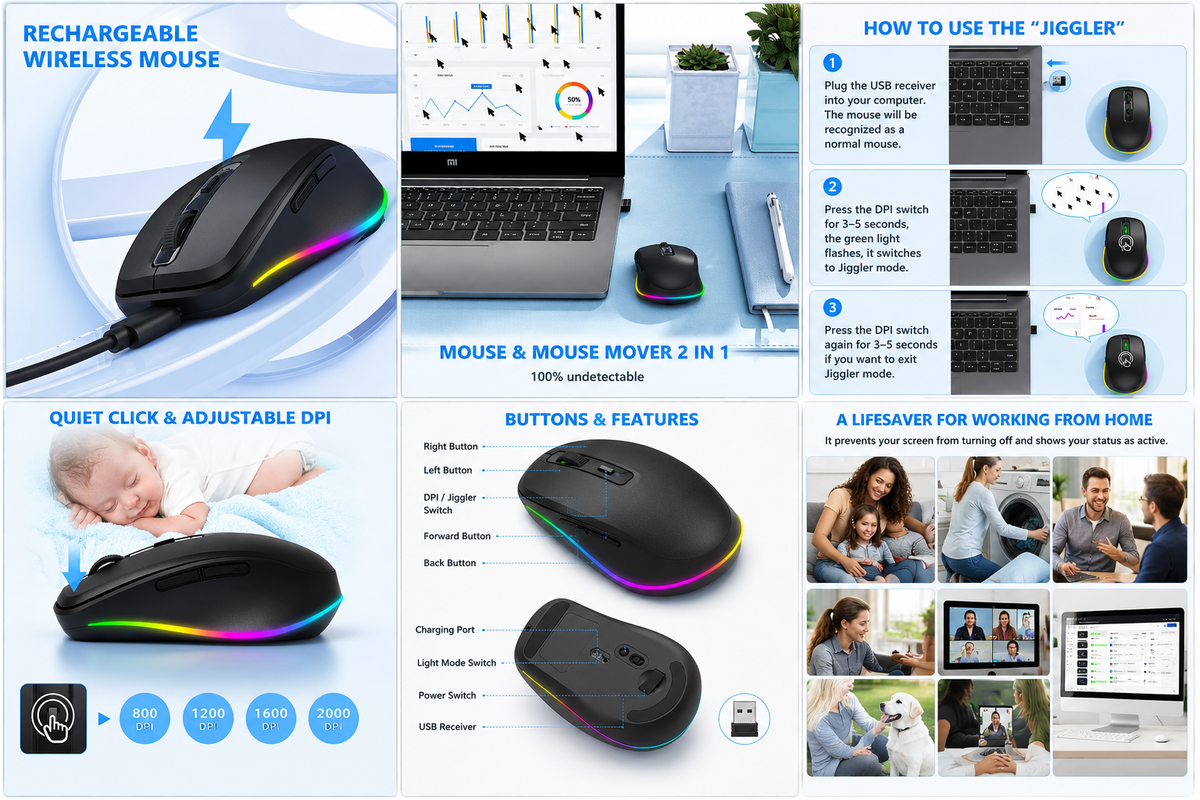 Seenda Wireless Mouse with Mouse Jiggler & RGB Lighting – Rechargeable 2.4G Silent Click, 2000 DPI (Black)