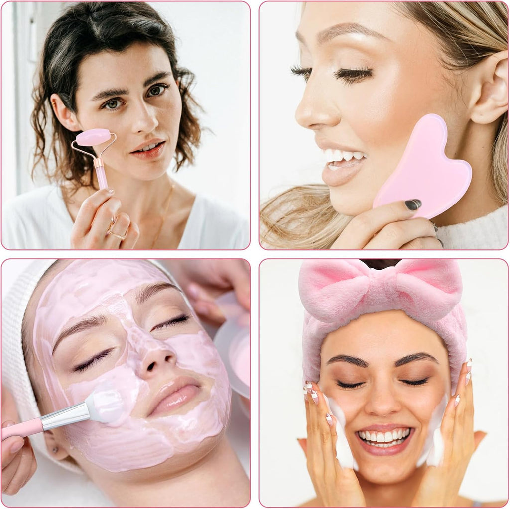 Scettar Jade Gua Sha Stein Set, Rosa Natürlicher Jade Massageroller, Gesichtsroller Massagewerkzeug Für Augenschwellungen Hautstraffung Face Massager
