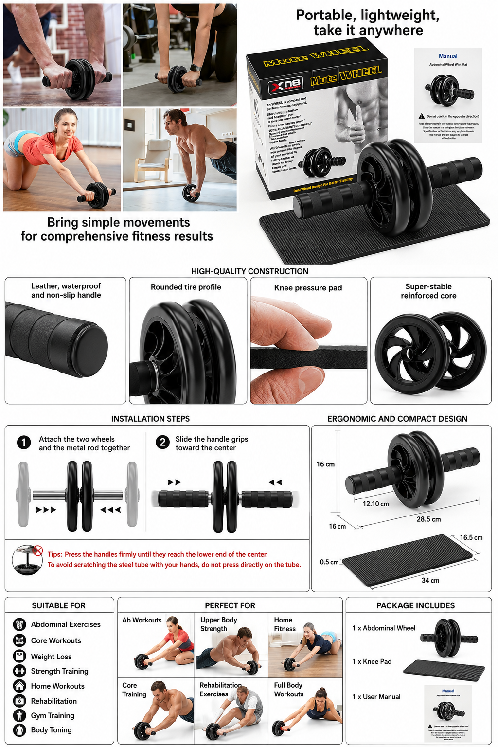 Ab Roller Wheel – Double Wheel Abdominal Trainer with Knee Pad for Men & Women | Home Core Workout