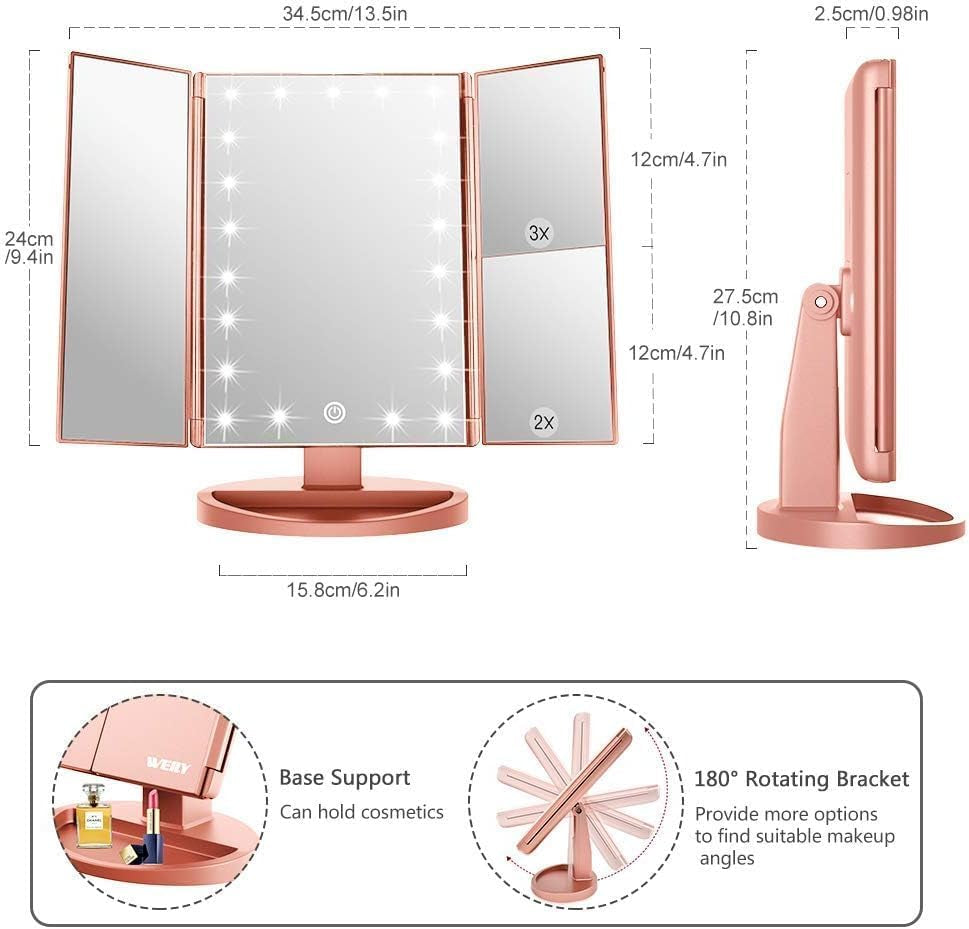 WEILY Schminkspiegel Mit Beleuchtung, Faltbarer Kosmetikspiegel Mit 3X/2X/1X Vergrößerung, 21 Natürliche LED Lichter, Batteriebetrieben Order USB Aufladen Dimmbarer Makeup Mirror (Rosengold)