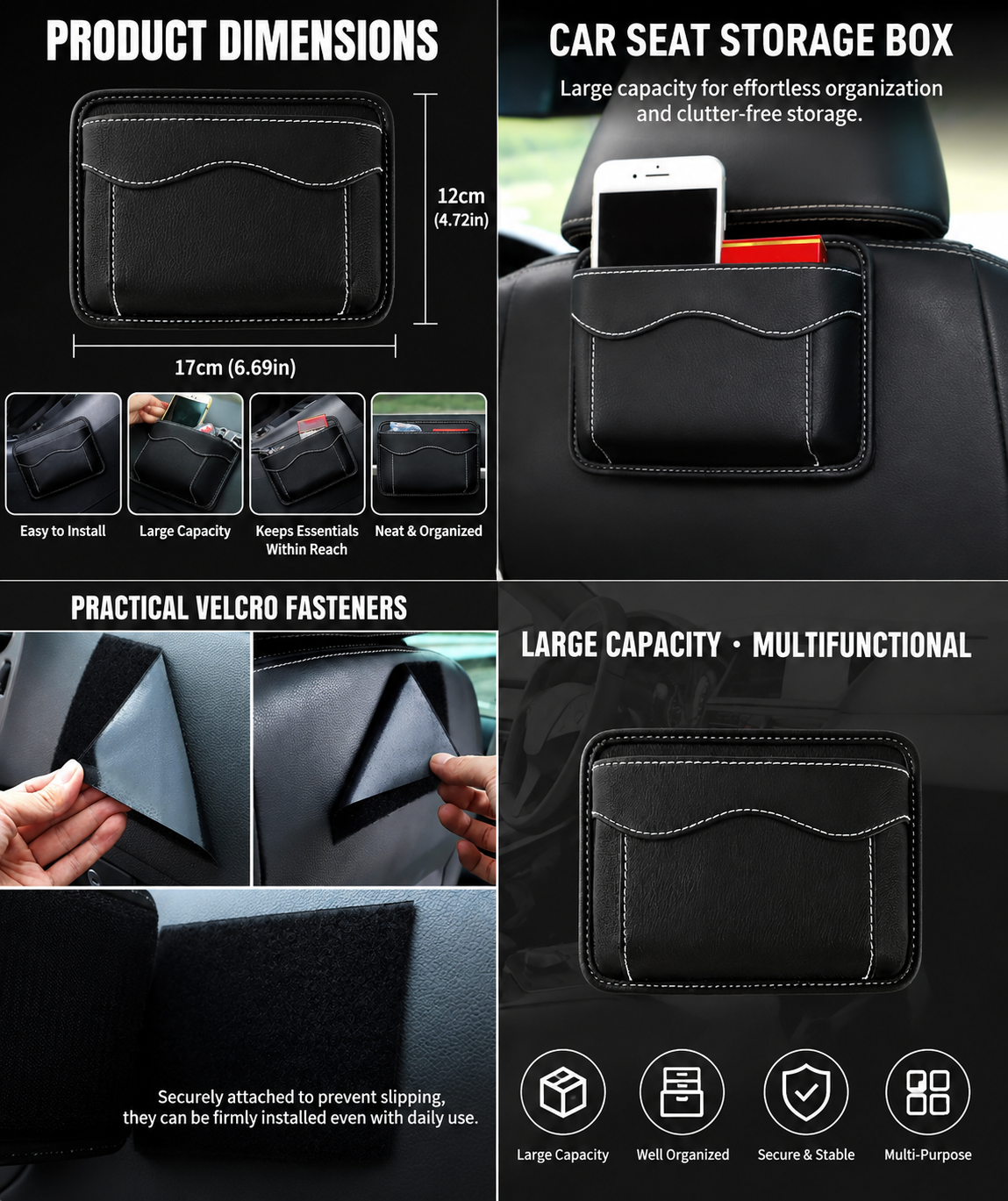 Car Seat Side Pocket Organiser – Self-Adhesive PU Leather Storage Bag for Phone, Keys & Documents (12x17 cm)