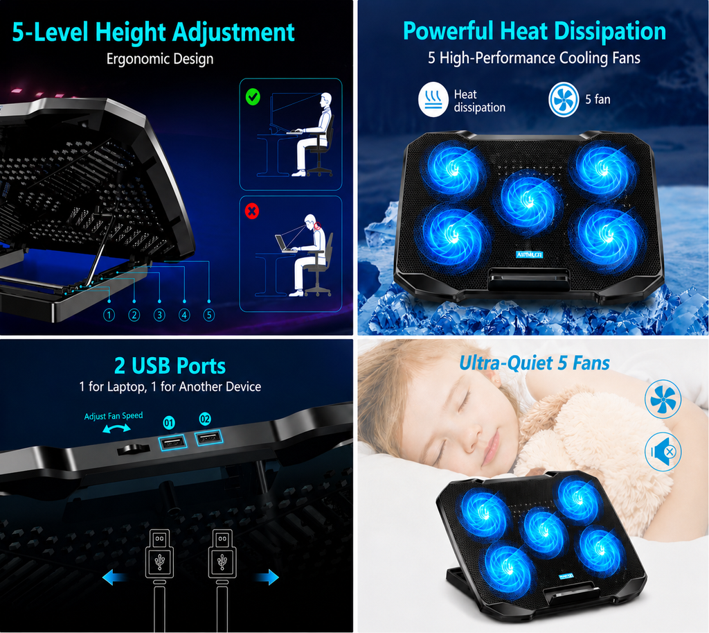 Laptop Cooling Pad 12–15.6" – 5 Silent Fans, 5 Height Levels, 2 USB Ports & Phone Holder