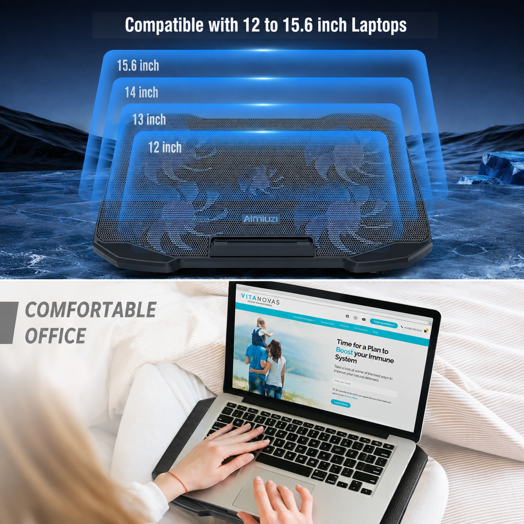 Laptop Cooling Pad 12–15.6" – 5 Silent Fans, 5 Height Levels, 2 USB Ports & Phone Holder