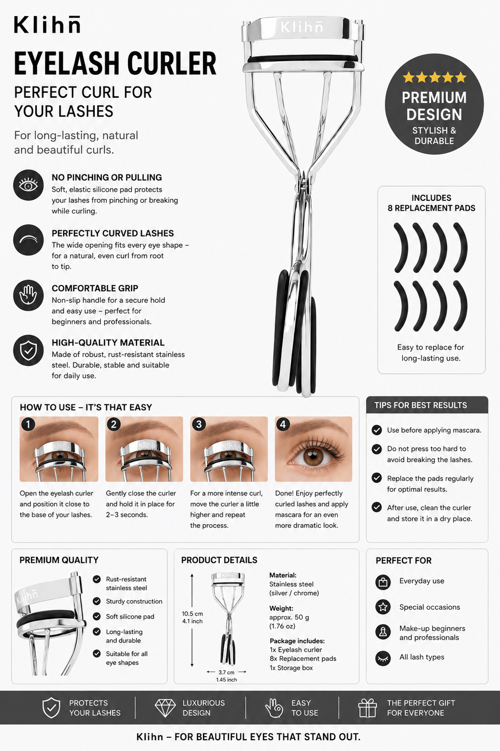 Professional Eyelash Curler with 8 Replacement Silicone Pads – Carbon Steel, Long-Lasting Curl