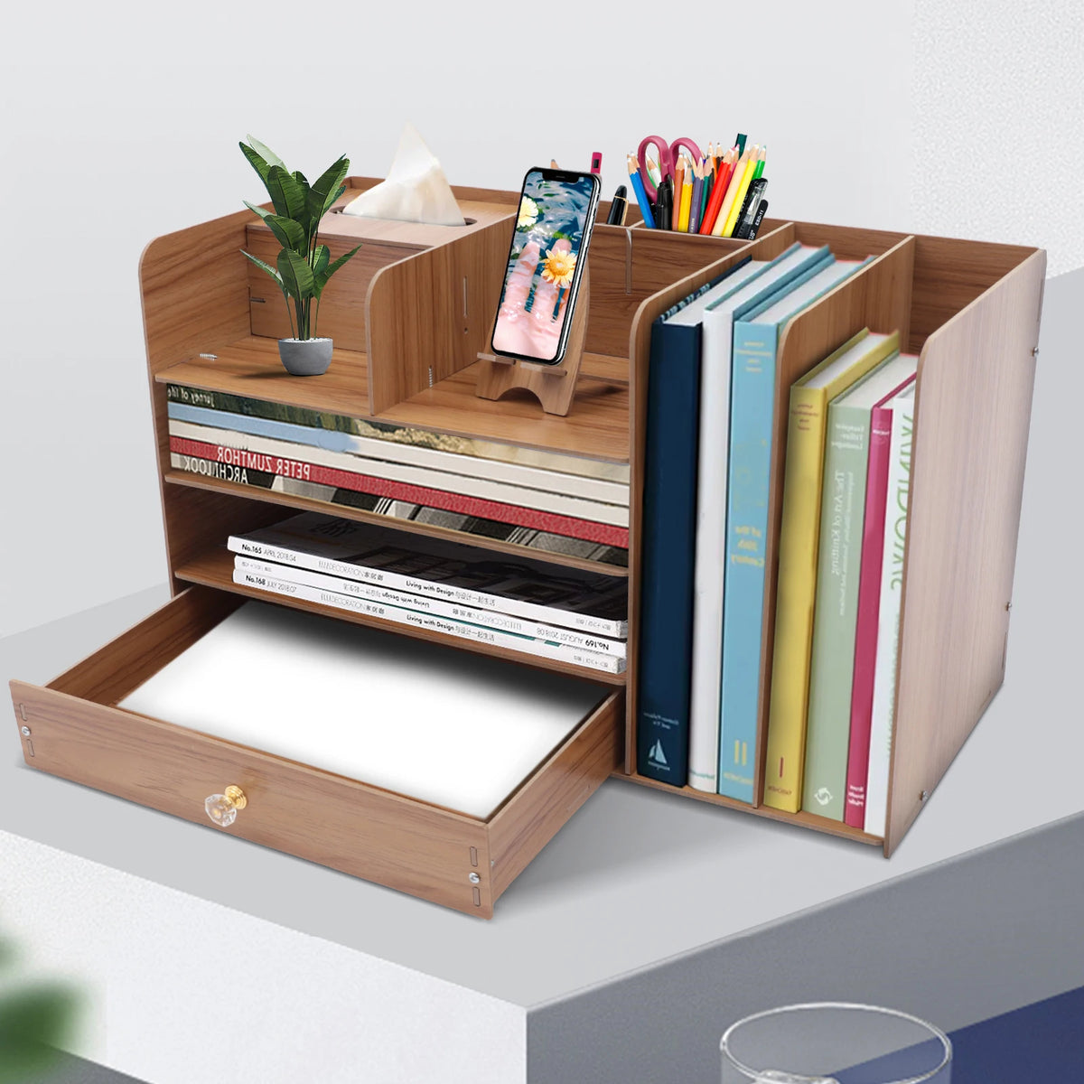 4-Layer Desktop Organizer A4 File Organizer Office Stationery Book Storage Rack with Phone Stand Tissue Box 48*23*28Cm