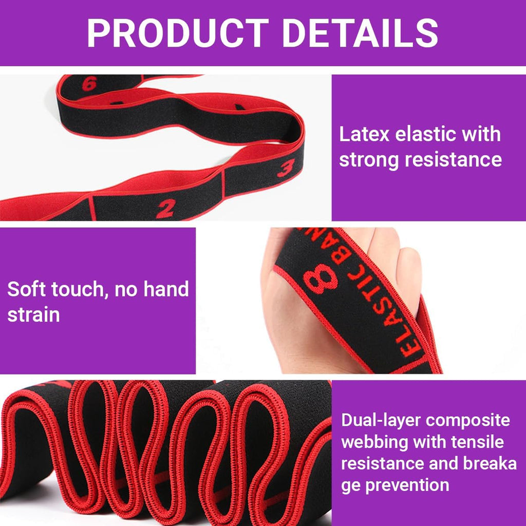 Yoga Stretching Strap, Stretching Band Mit 8 Schleifen, Yoga Stretch Gurt, Fitness Stretchband, 90Cm Länge, Hochelastischer Gymnastikband Für Effektives Stretching, Pilates, Tanz (Rot)