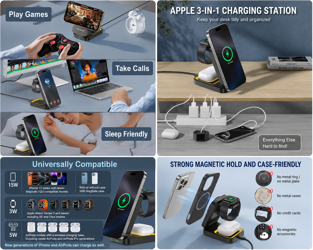 3-in-1 Wireless Charging Station for iPhone, Apple Watch & AirPods – Qi Fast Charger with Night Light