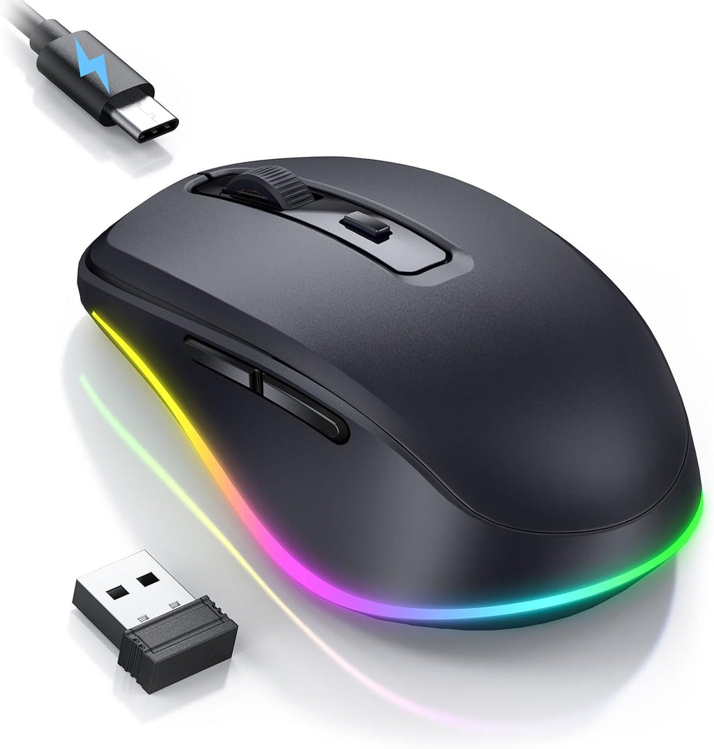 Seenda Kabellose Maus Mit Jiggler, Rgb-Beleuchtung, 2000 DPI, Schwarz | Wiederaufladbare 2.4G USB Verbindung Funkmaus, Leise Klick, Für PC, Laptop, Computer, Windows