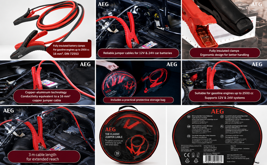 AEG Jump Start Cables 12V/24V – Copper-Aluminium, DIN 72553, 2x3m with Storage Bag