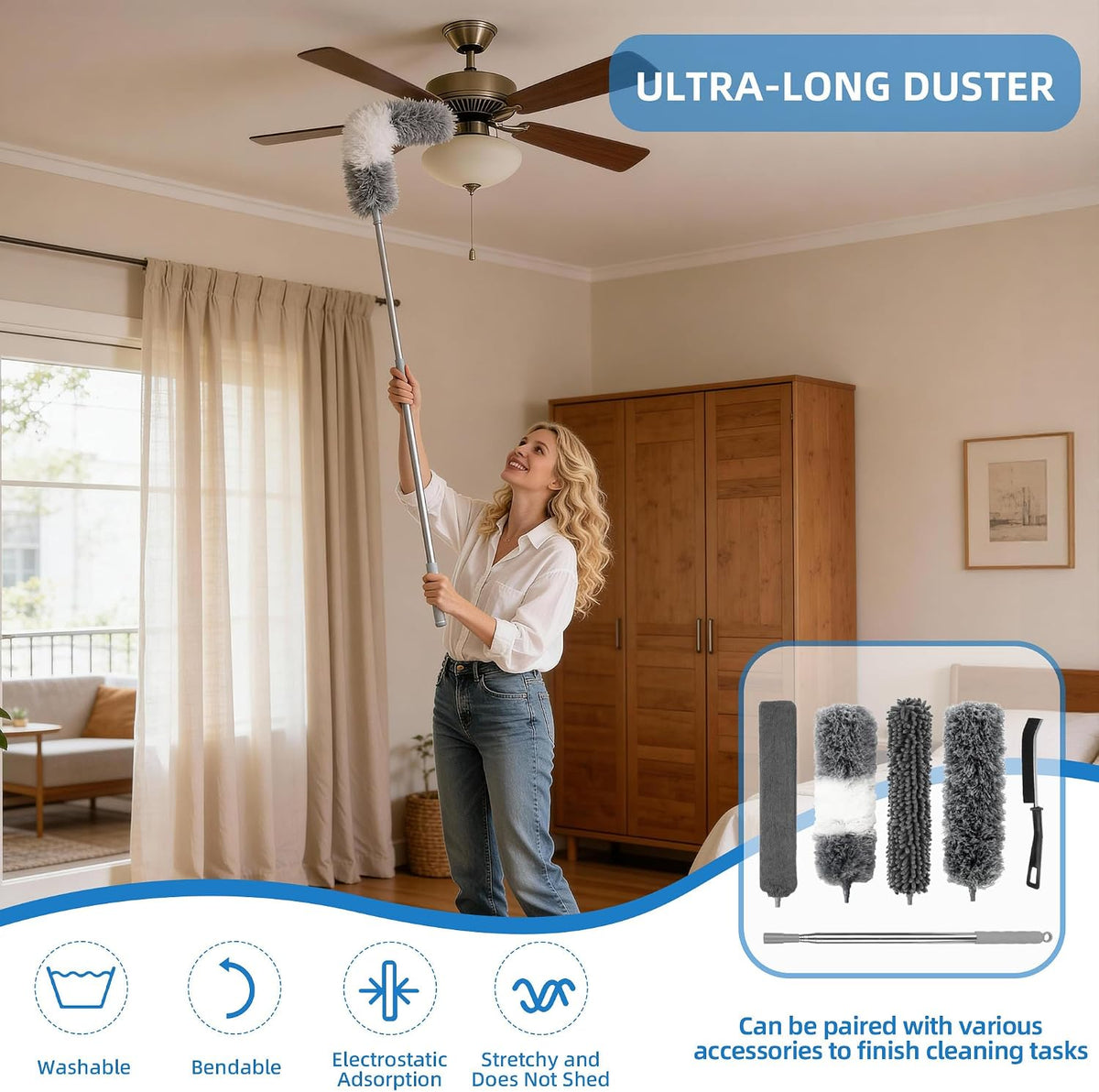 7 Stück Duster, Staubwischer Teleskop Stange Und Biegbar Eckbesen, Duster Mikrofaser Lang Ausziehbar Bis 250Cm, Für Reinigung Unter Deckenventilator Spinnweben Sofa