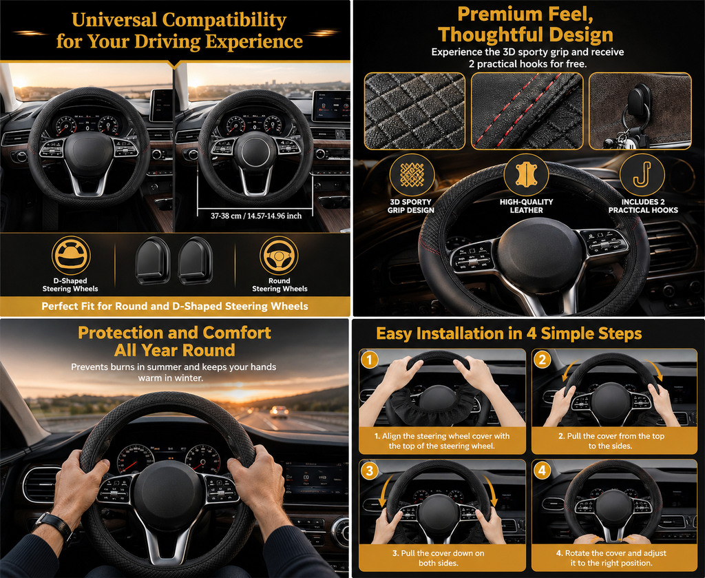 Leather Steering Wheel Cover 37–38 cm – Anti-Slip, Breathable with 2 Car Hooks (Black)
