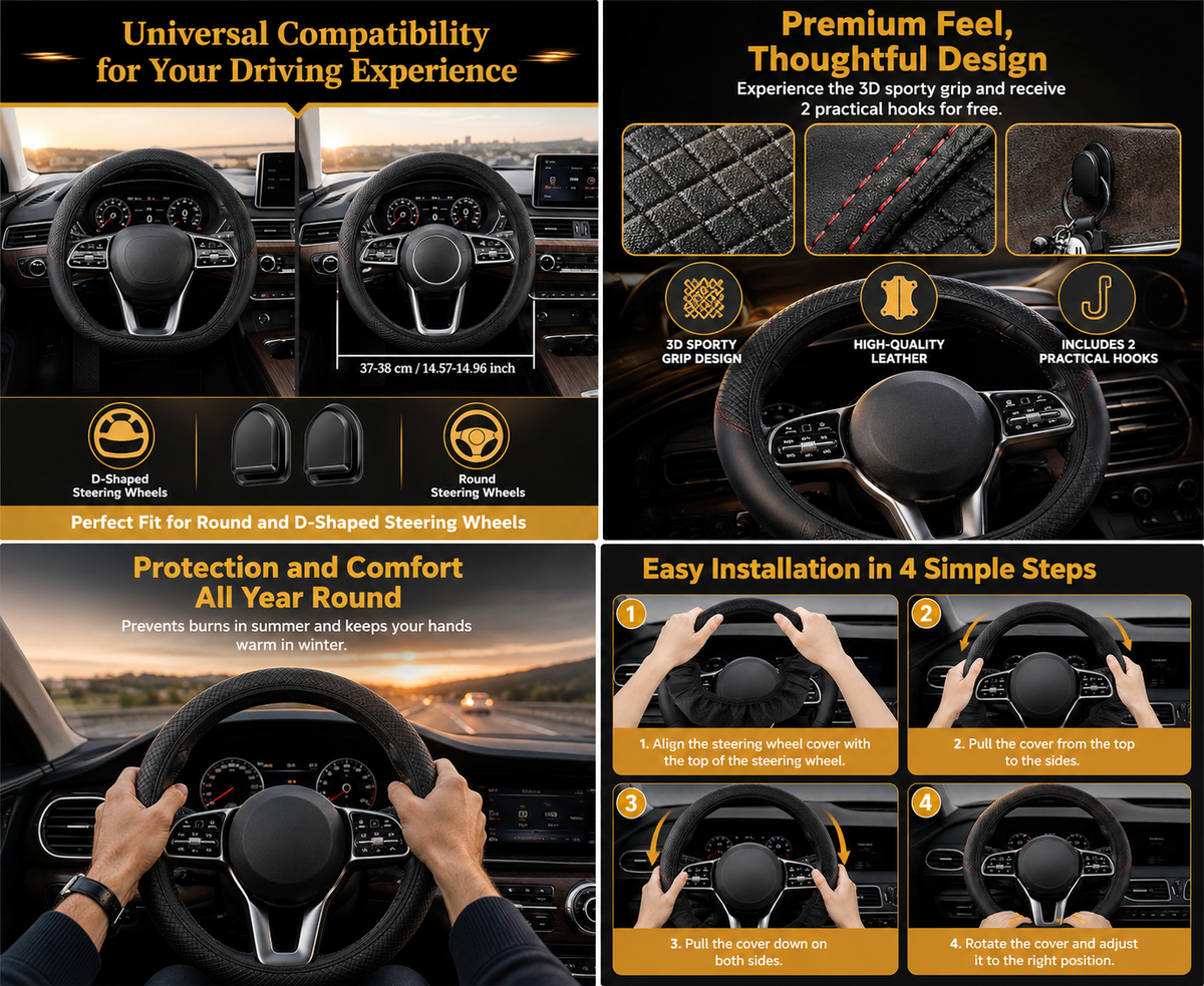 Leather Steering Wheel Cover 37–38 cm – Anti-Slip, Breathable with 2 Car Hooks (Black)