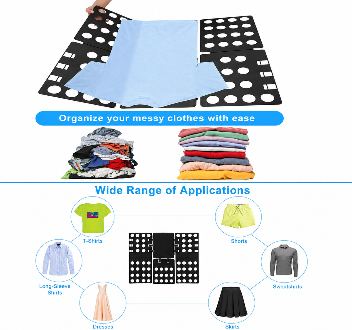 Clothes Folding Board – Foldable Laundry Folder for T-Shirts, Shirts & Trousers | Adults & Kids (Black)
