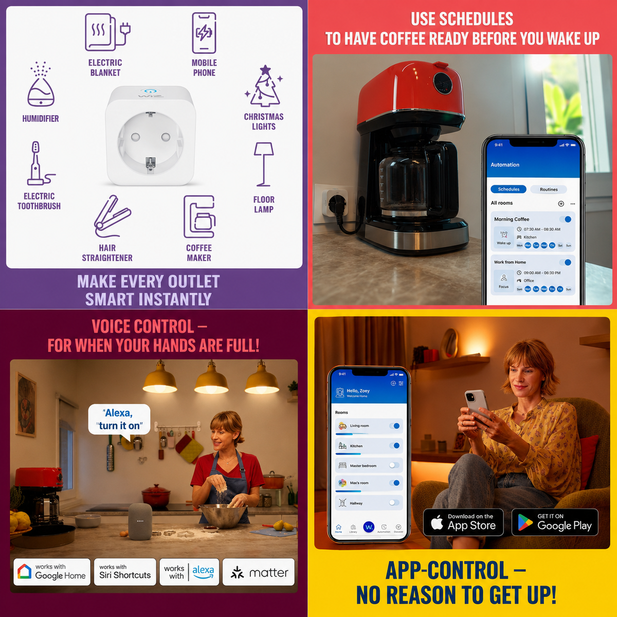 WiZ Smart Plug 2-Pack – Wi-Fi, Matter-Certified, Voice Control, Compatible with Alexa, Google Home & Apple Home | Type F