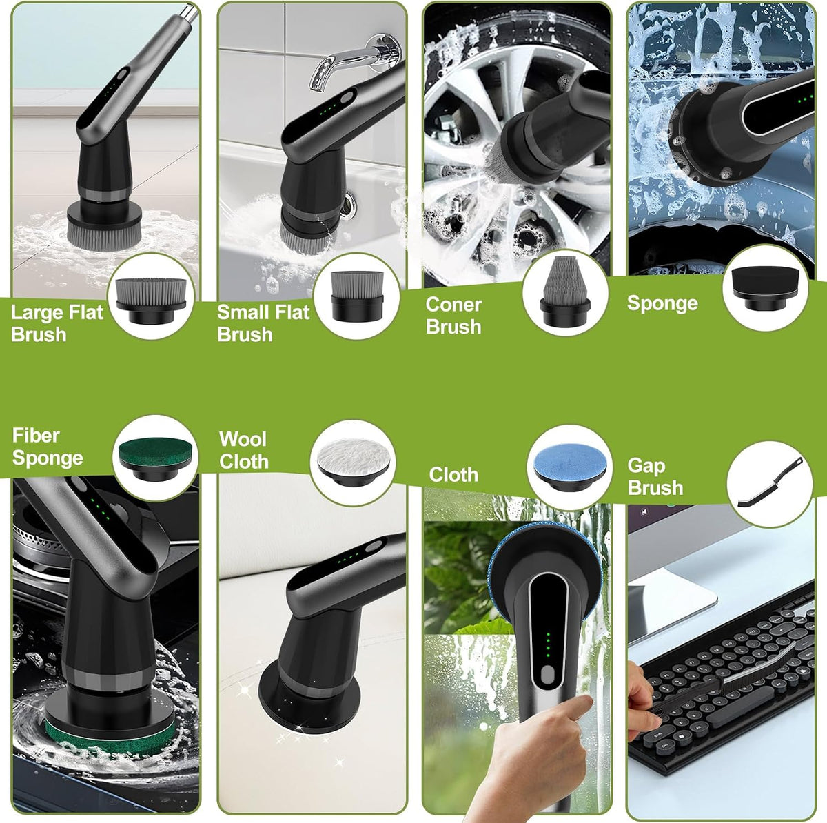 Elektrische Reinigungsbürste, Electric Cleaning Brush Mit 7 Wechselbürsten | IPX7 Wasserdicht, 2 Geschwindigkeitsstufen Und Verstellbarer Griff, Für Badezimmer, Küche (Grau/Schwarz)