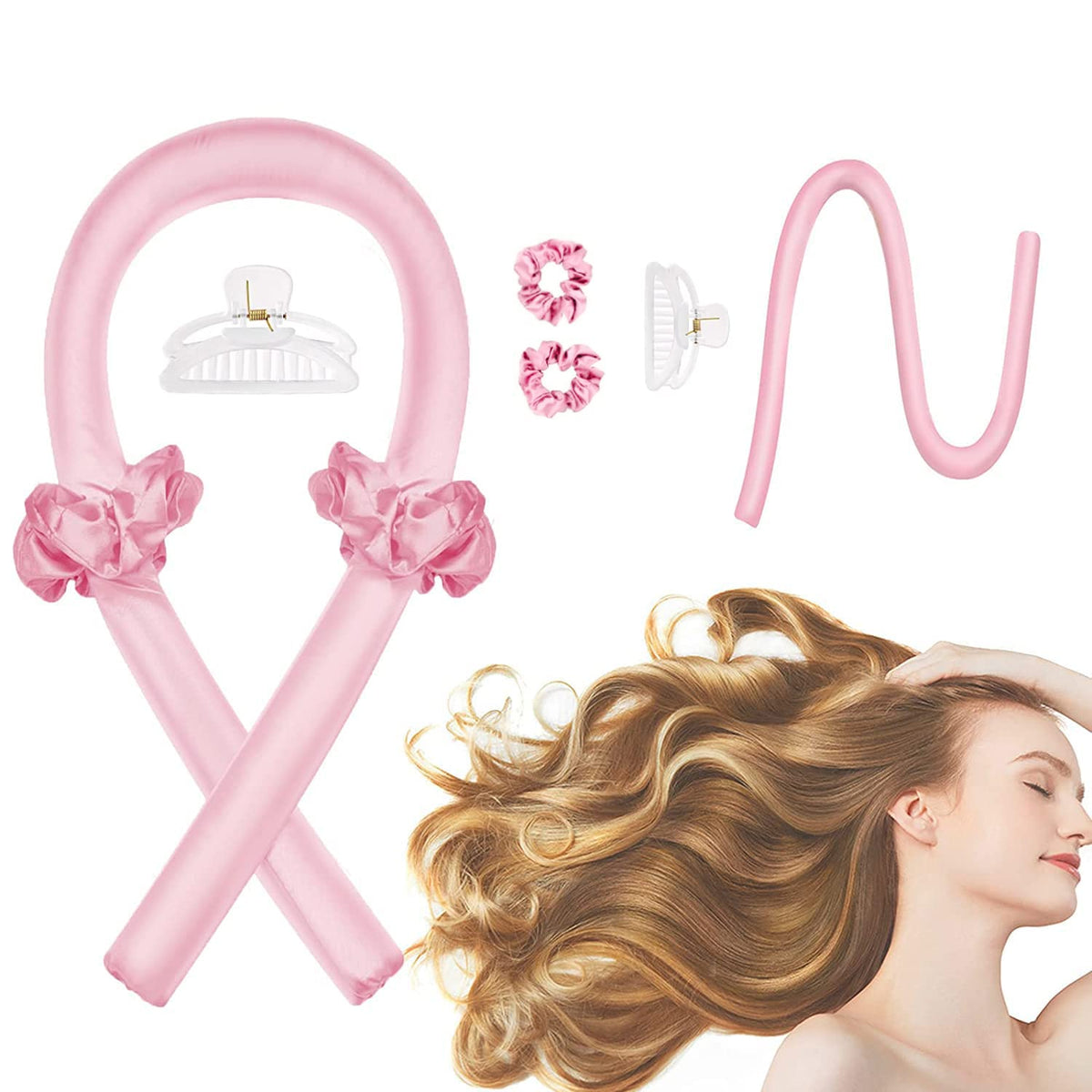 Lockenstab-Stirnband Ohne Hitze Für Damen, Lockenband Mit Haarspangen Und Haargummi, Locken Im Schlaf, Seidenband-Haarwickler, Rosa