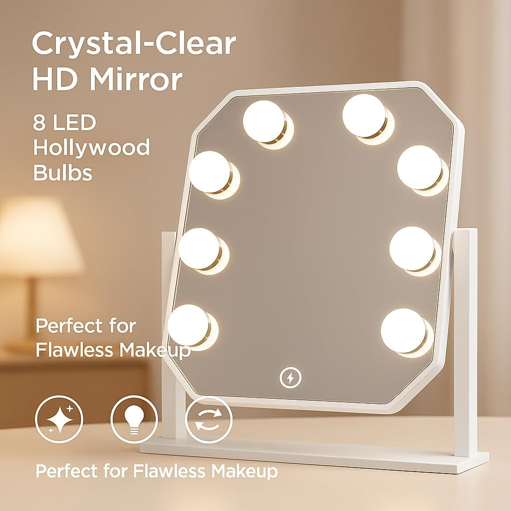 Schminkspiegel Mit Beleuchtung Hollywood Spiegel - Vanity Mirror Mit 8 LED Klein Kosmetikspiegel Mit Licht 360° Drehung Tischspiegel 3 Modi Schminktischspiegel Touch Dimmbar