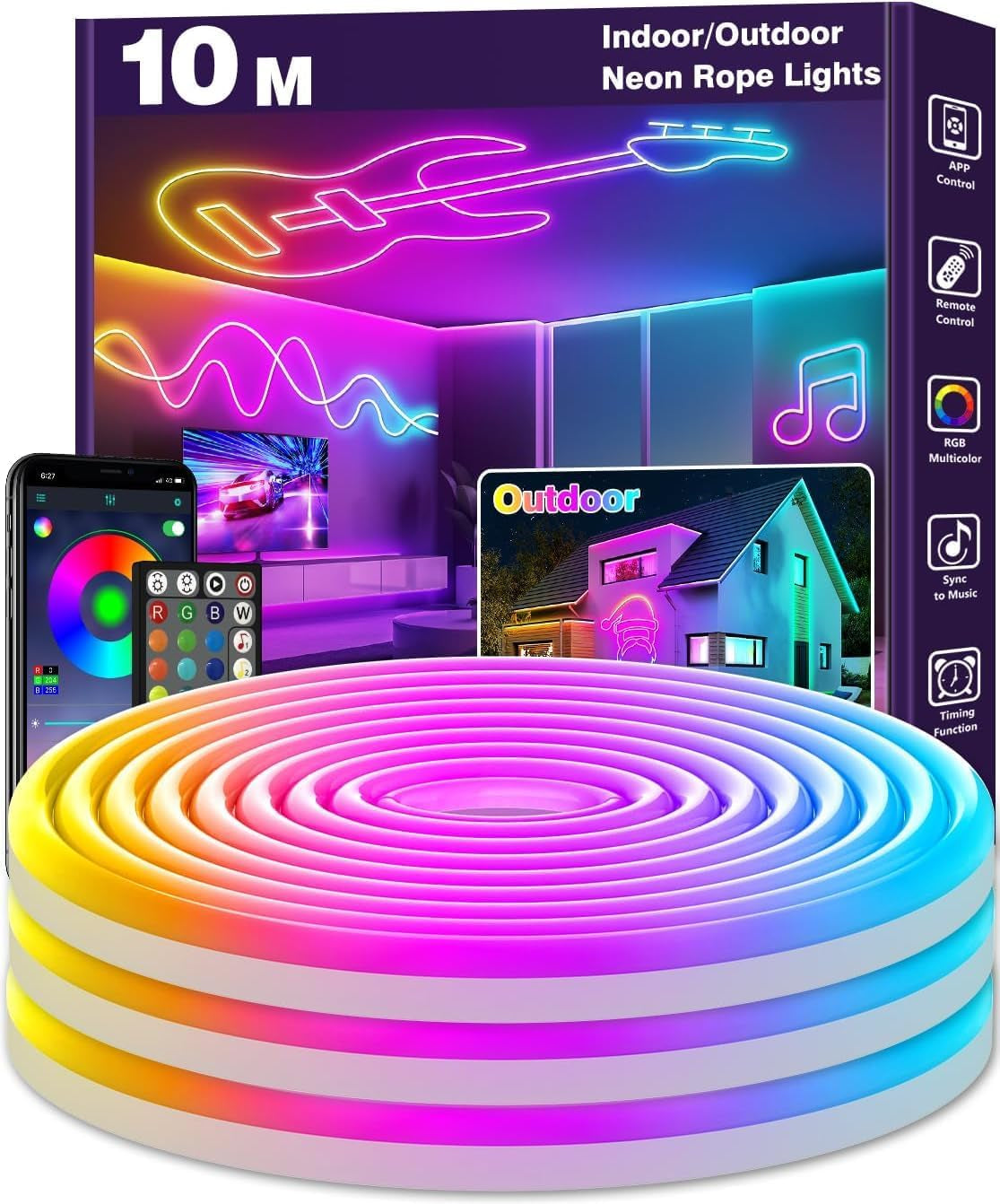 10M Neon LED Strip, Flexible LED Strips, Control with App/Remote, Multiple Modes, Waterproof, Music Sync Gaming Strip Lights for Bedroom Indoor, IP65 Outdoor RGB Neon Lights