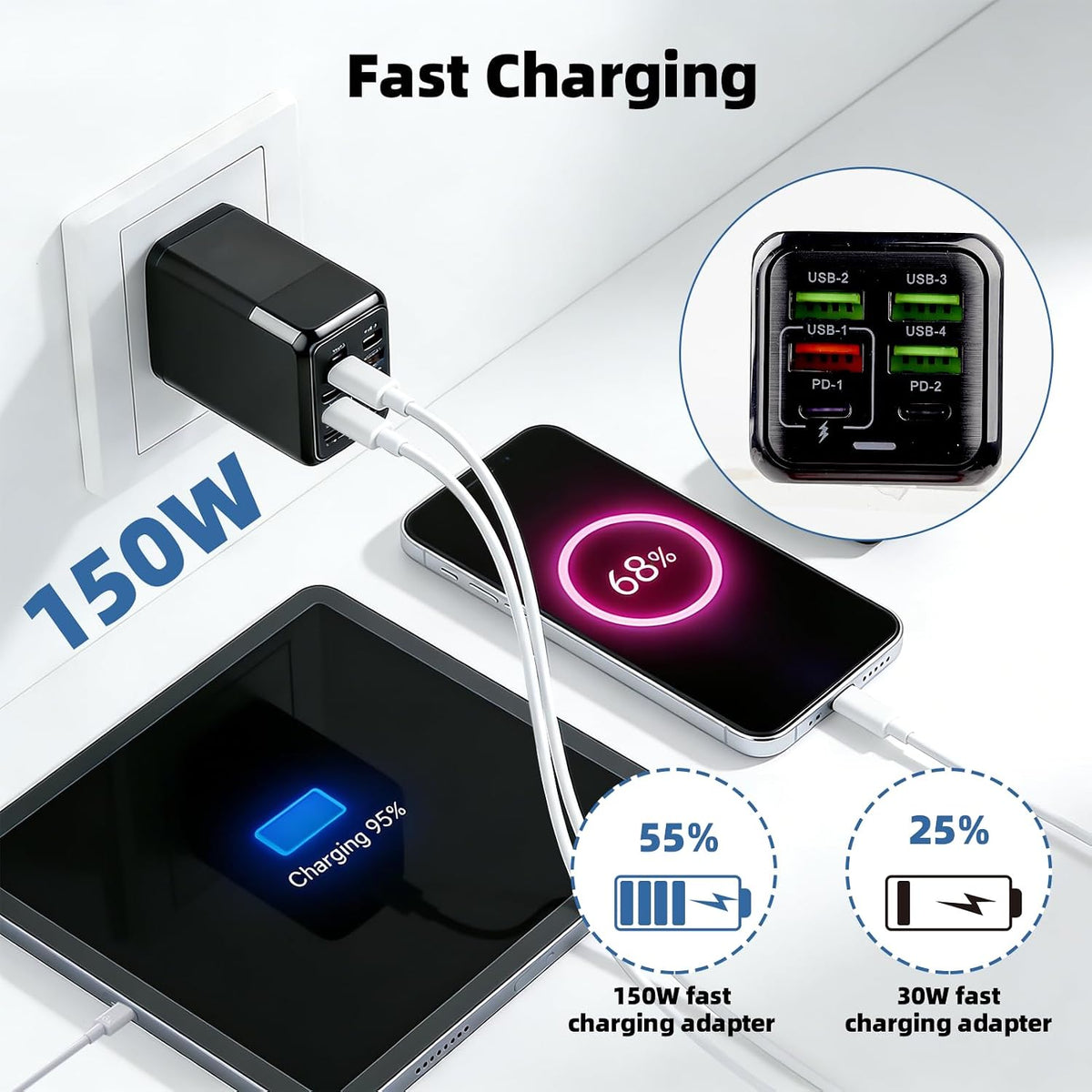 150W USB C Ladegerät Mehrfach 6 Port Schnellladegerät 2 USB-C 4 4 USB-A | USB Netzteil Multi Wandladegeräte Stecker Kompatibel Mit Iphone 17 16 Usw Samsung Oneplus Kompaktes Netzteil Reise Büro