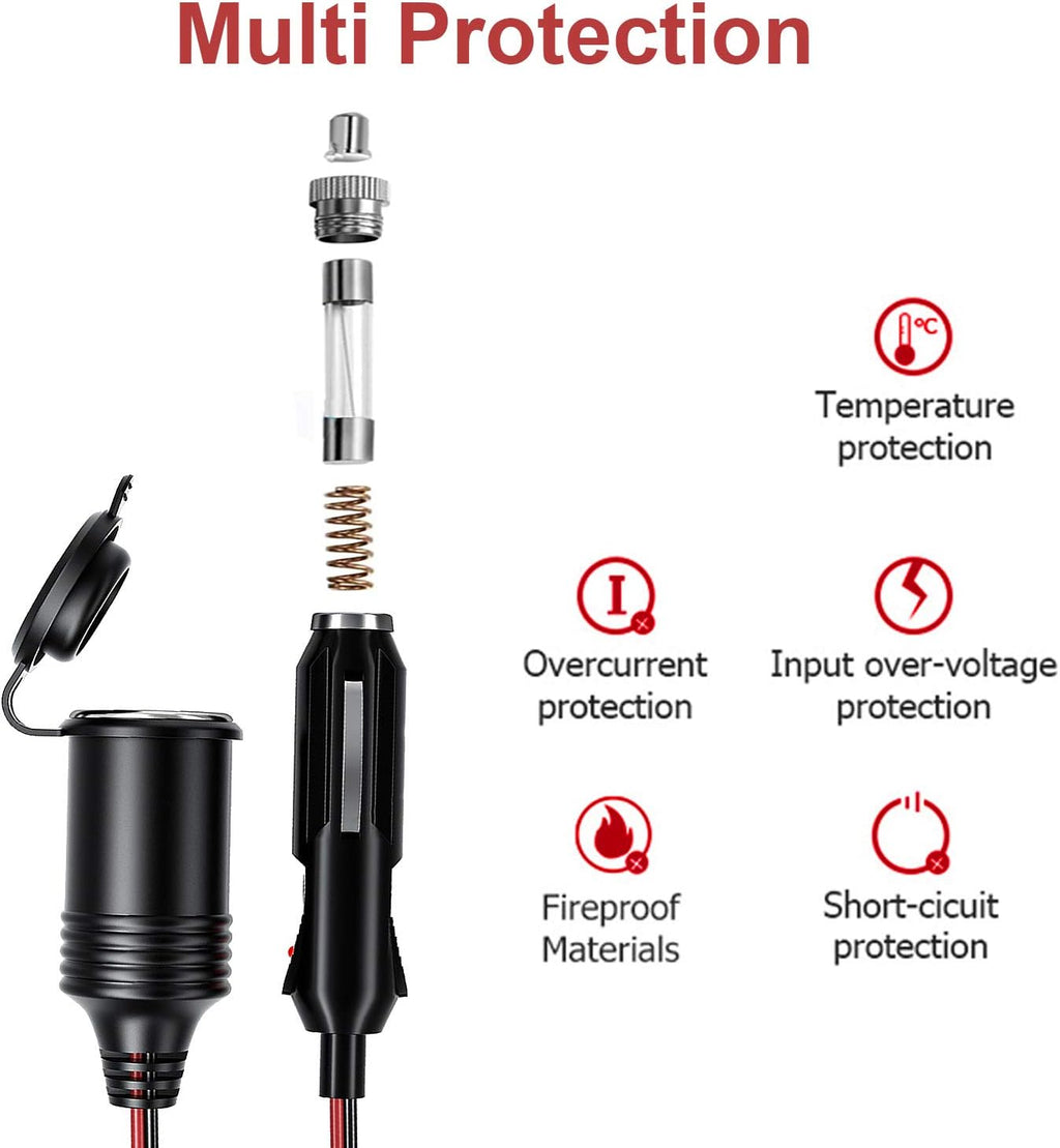 4M 13FT Car Cigarette Lighter Extension Cord, Heavy Duty 12V 24V Cigarette Plug to Socket Extension Cable with 15A Fuse Dust-Proof Cap
