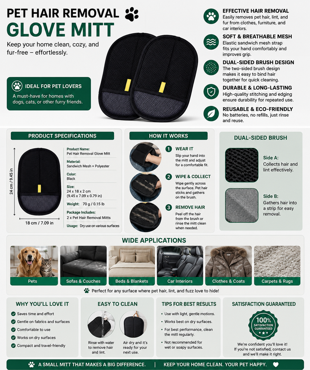 PASLFC Pet Hair Remover Gloves – 4-Pack Double-Sided Reusable Grooming Gloves for Cats & Dogs