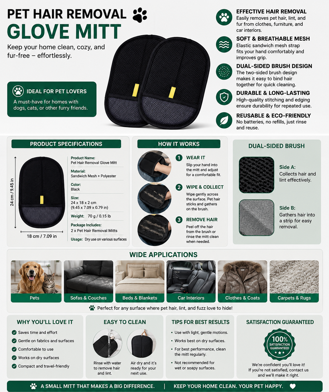 PASLFC Pet Hair Remover Gloves – 4-Pack Double-Sided Reusable Grooming Gloves for Cats & Dogs