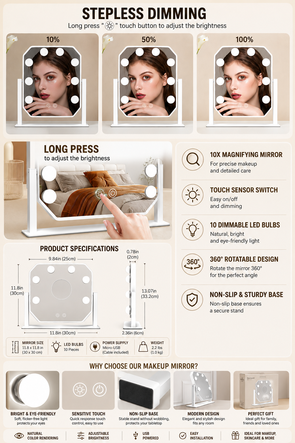 Hollywood Vanity Mirror with 8 LED Lights – 360° Rotation, 3 Light Modes, Touch Dimmer, USB Port & 10x Magnifier | White