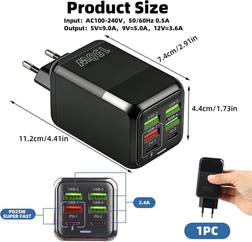 150W USB C Ladegerät Mehrfach 6 Port Schnellladegerät 2 USB-C 4 4 USB-A | USB Netzteil Multi Wandladegeräte Stecker Kompatibel Mit Iphone 17 16 Usw Samsung Oneplus Kompaktes Netzteil Reise Büro