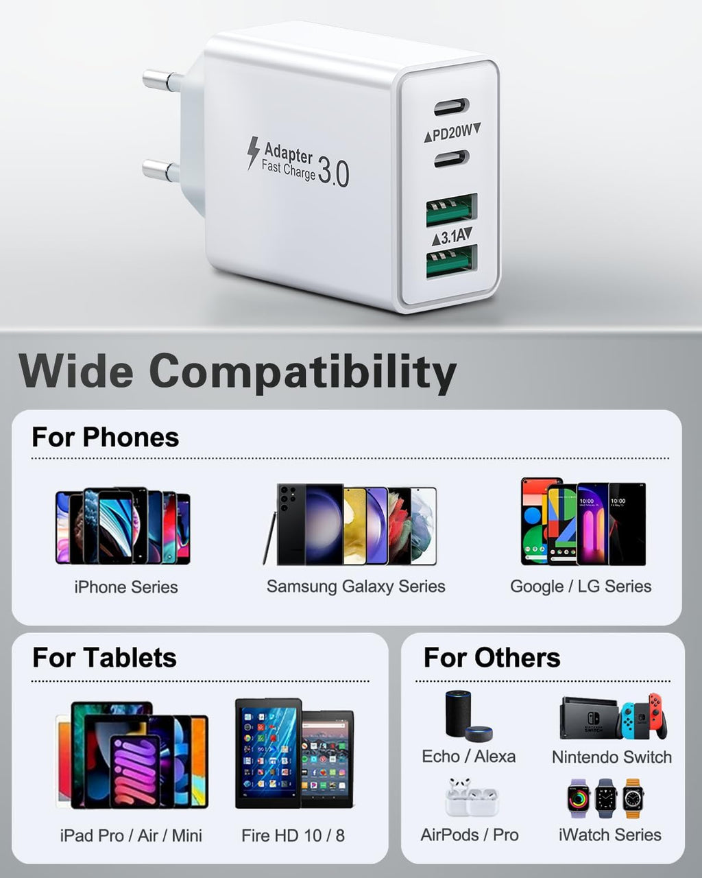 USB C Ladegerät, 40W 4 Ports Schnellladegerät, Mehrfach Stecker Mit Power Adapter Fast Charger Netzteil Für Iphone 17 16 15 14 13 12 11 Pro Max, Ipad, Samsung, Handys