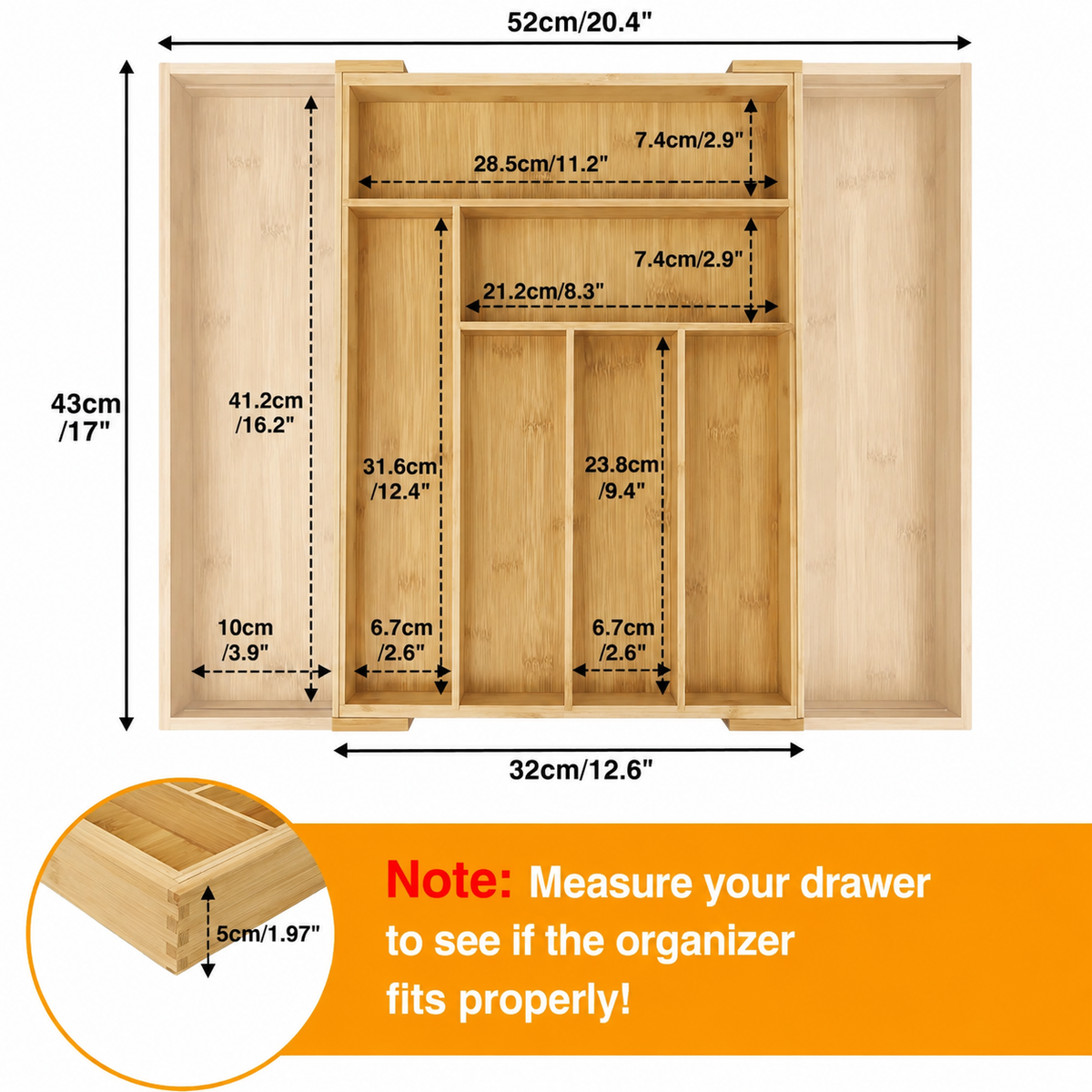 BRIEFNESS Expandable Bamboo Drawer Organiser – 8-Slot Adjustable Cutlery & Utensil Tray