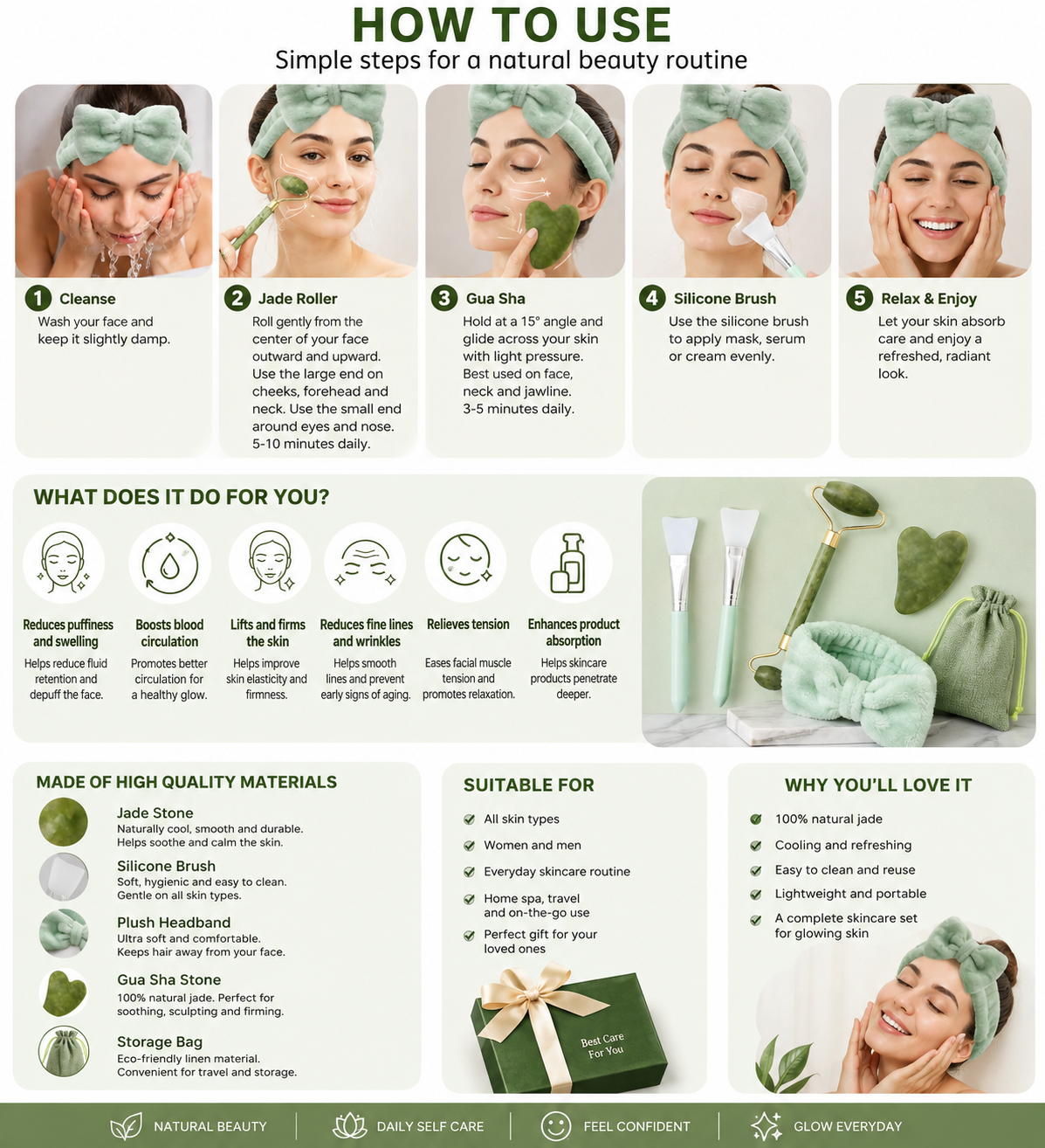 Scettar 6-Piece Jade Gua Sha & Face Roller Set – Natural Jade Facial Massager with Silicone Brush & Headband