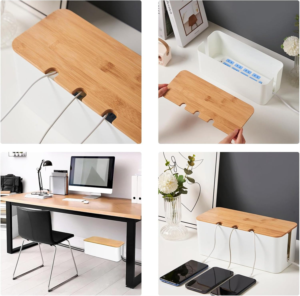 Kabelmanagementbox, Aufbewahrungsbox Für Kabel Mit Bambusdeckel, 23,5 X 12 X 11,5 Cm Cable Management Box, Kabelorganisator Box Zum Verstecken Und Ordnen Von Kabeln, Weiss