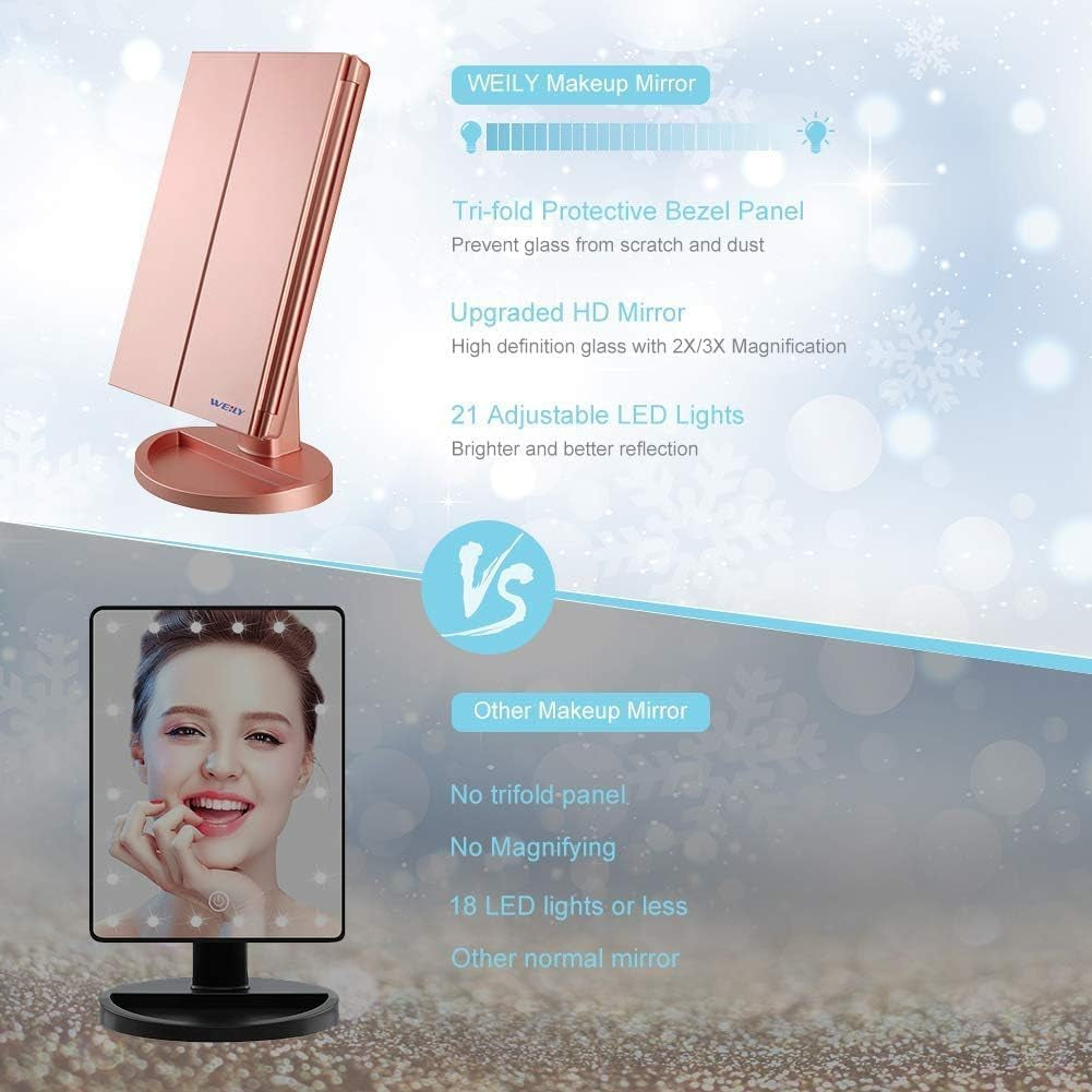 WEILY Schminkspiegel Mit Beleuchtung, Faltbarer Kosmetikspiegel Mit 3X/2X/1X Vergrößerung, 21 Natürliche LED Lichter, Batteriebetrieben Order USB Aufladen Dimmbarer Makeup Mirror (Rosengold)